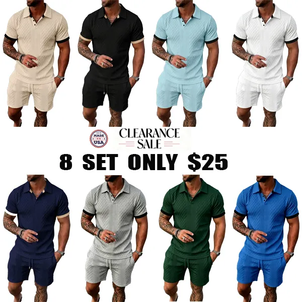 Men's Colorblock Polo Shirt & Drawstring Shorts Set, Textured Knit Short Sleeve, Casual Daily Wear, Summer Tropical Fashion Choice, Menswear, Clothes