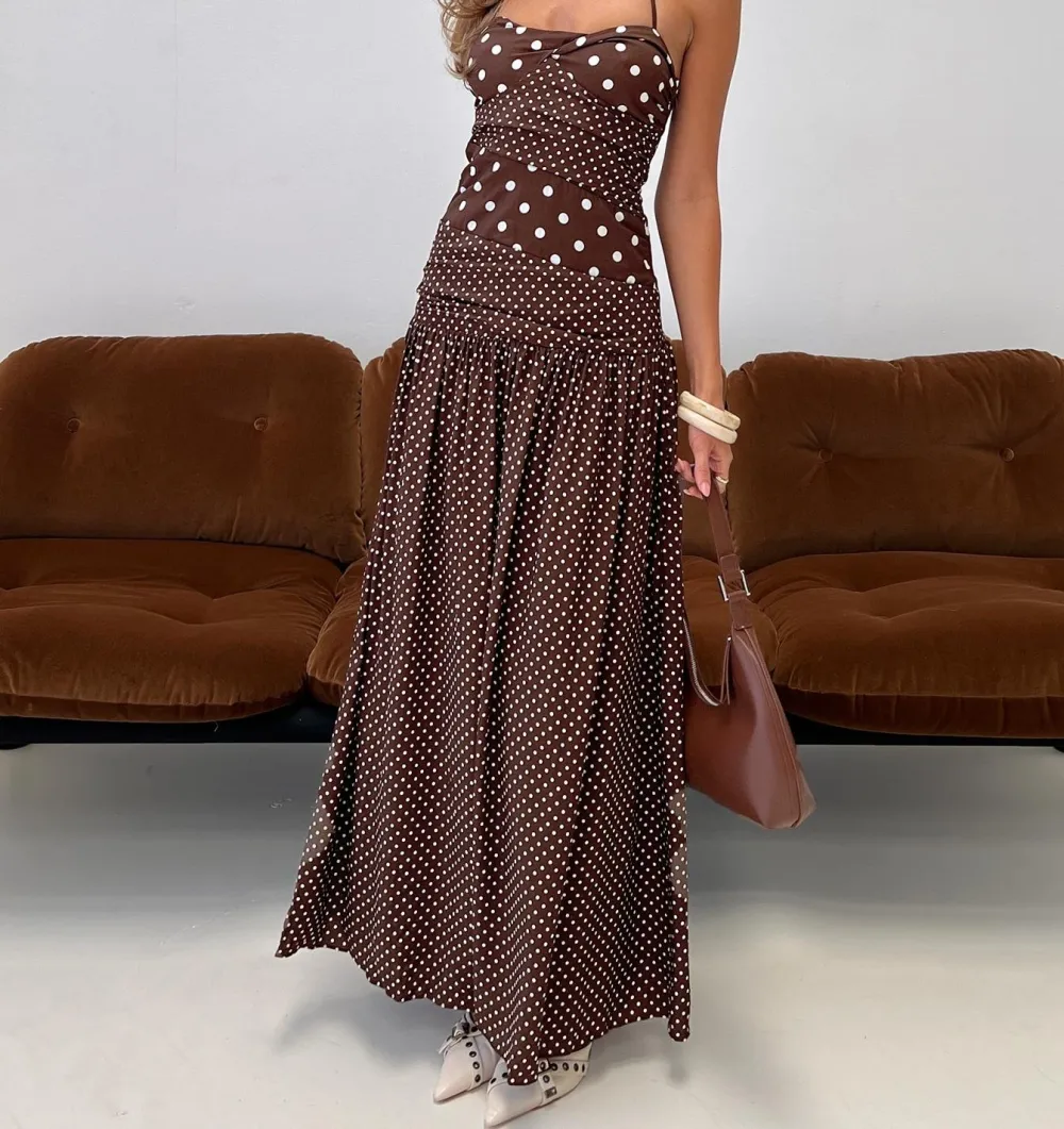 Brown Polka Dot Halter Maxi Dress