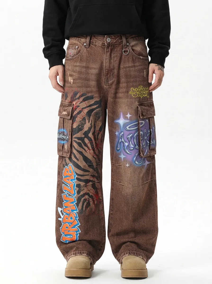 Men's Streetwear Graffiti Zebra Floral Graphic Cargo Jeans