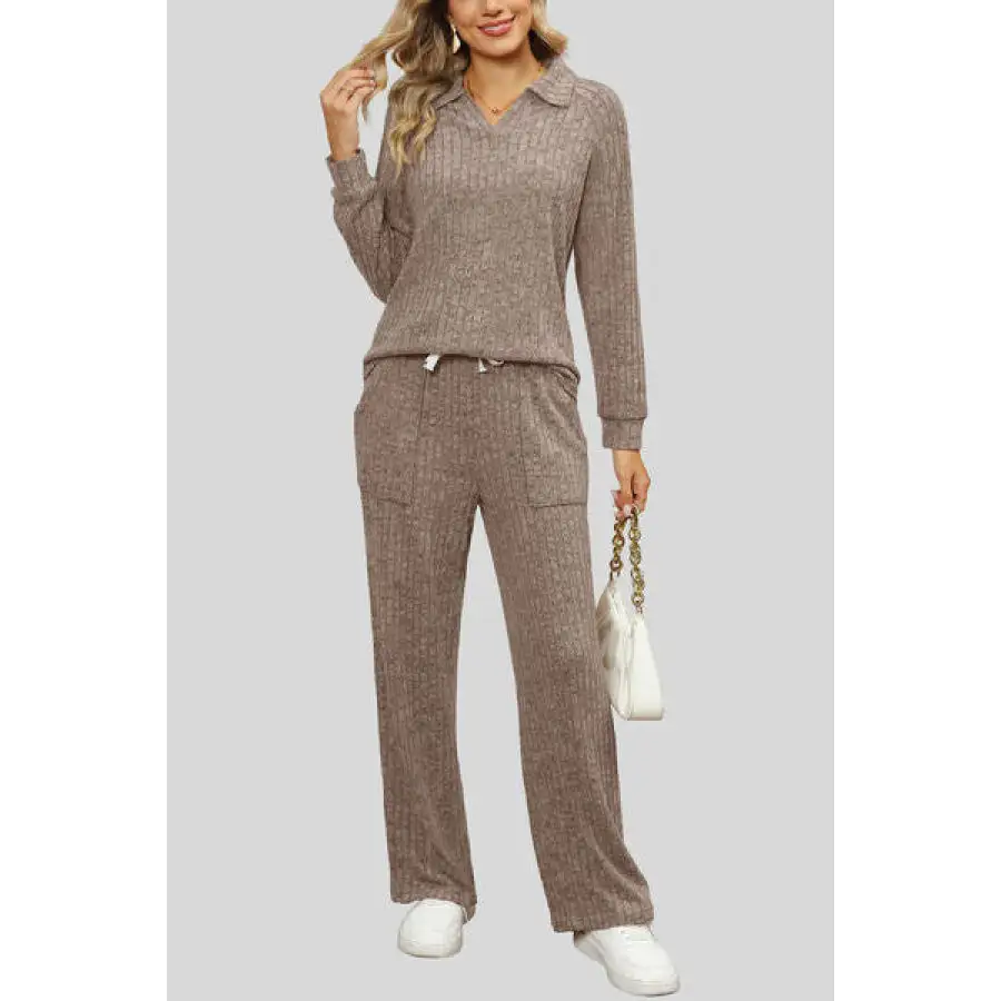 Ribbed Long Sleeve Top and Pocketed Pants Set