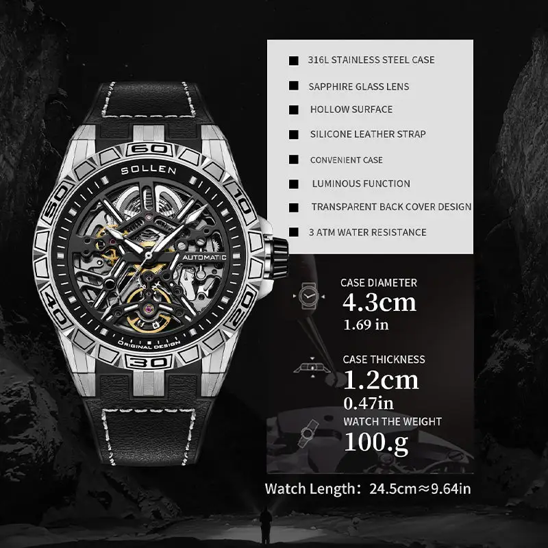 Sollen SL326 Men's Skeleton Automatic Mechanical Watch - 43mm 316L Stainless Steel Case Sapphire Crystal Multi-Layer Dial Leather-Pattern Silicone Strap Wristwatch