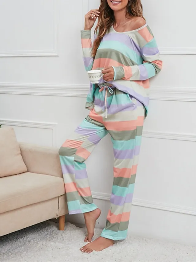 Women's Plus Size Pajamas Sets Nighty Pjs 2 Pieces Rainbow Stripe Fashion Comfort Soft Home Daily Bed Cotton Breathable V Wire Long Sleeve T shirt Tee Pant Fall Spring Blue Yellow