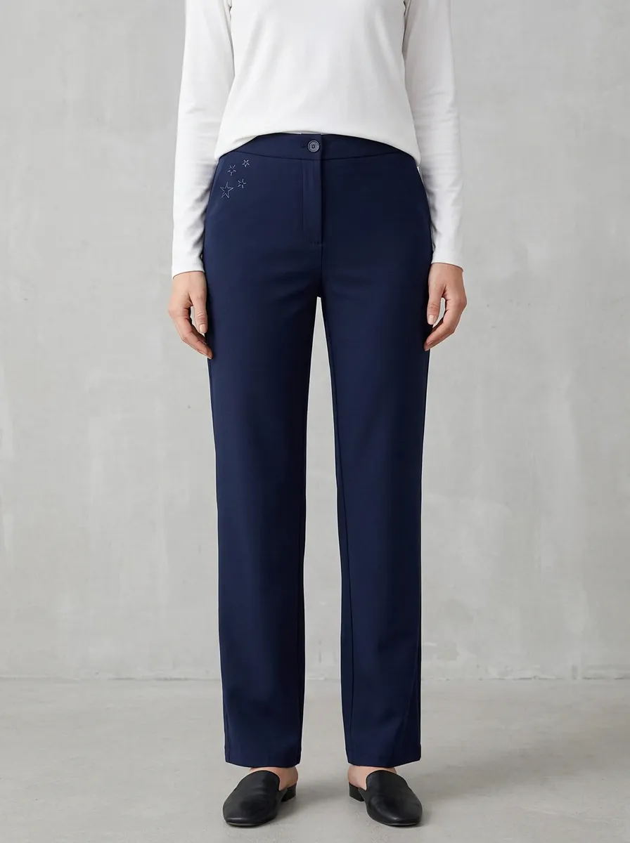 Women's Classic Everyday Star Embroidered Mid Rise Straight Leg Pants