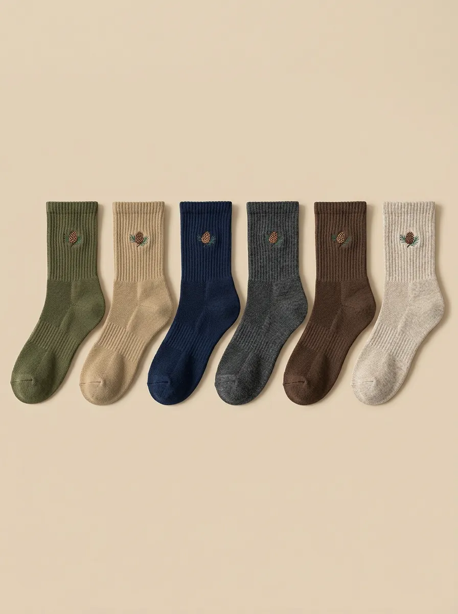 Men's Ribbed Pinecone Embroidered Crew Sock Set