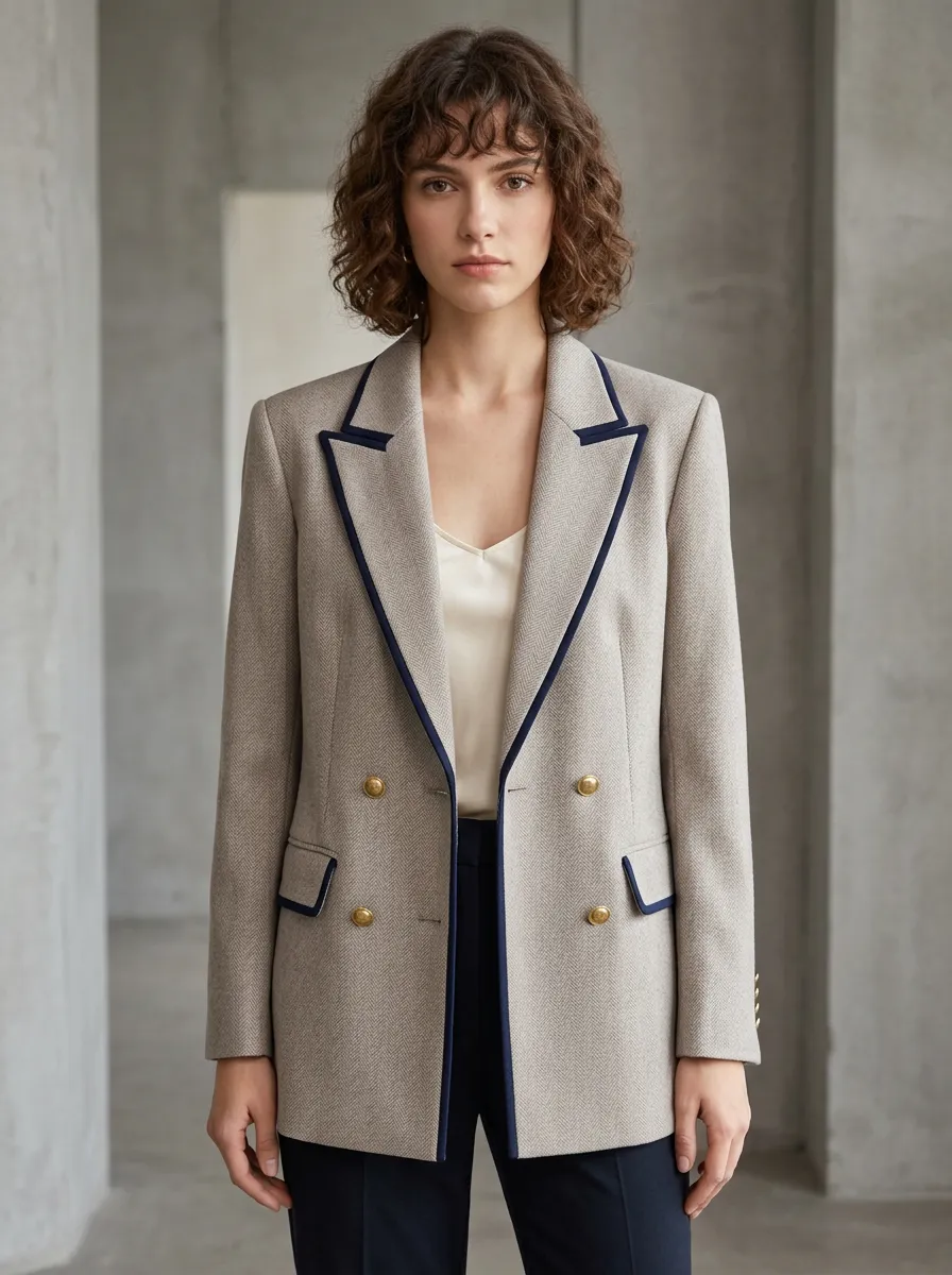 Women's Business Casual Herringbone Contrast Trim Printed Blazer
