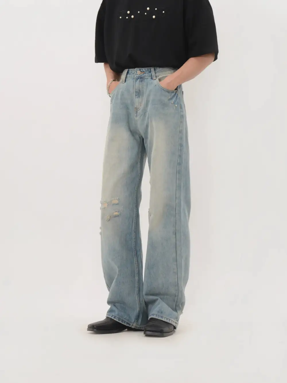 Distressed Straight-Leg Light-Wash Jeans