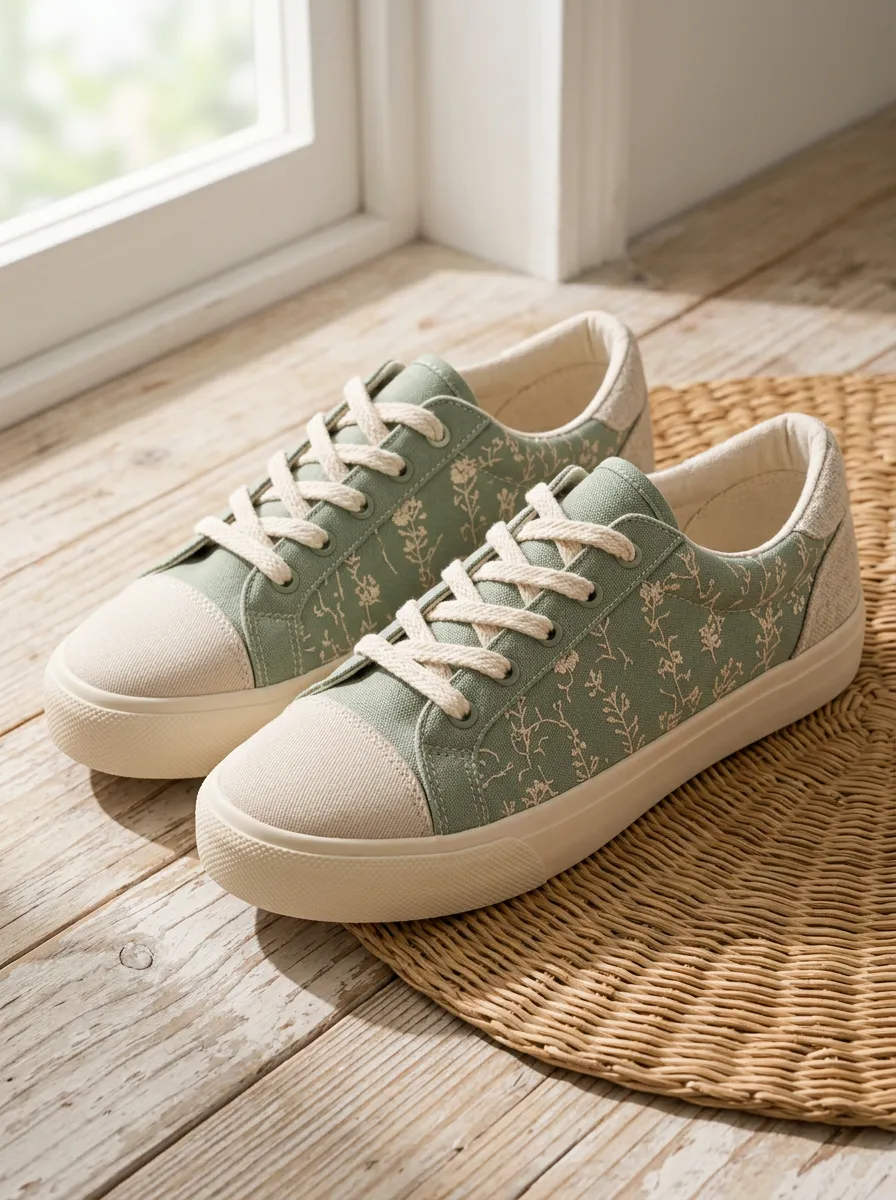 Women's Sage Green Botanical Wildflower Printed Canvas Shoes
