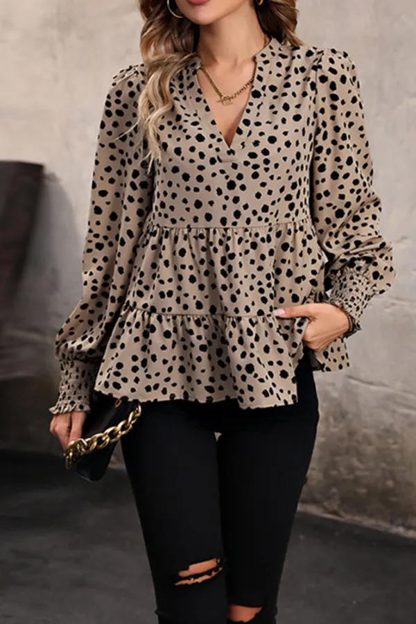 Khaki Leopard V Neck Babydoll Blouse