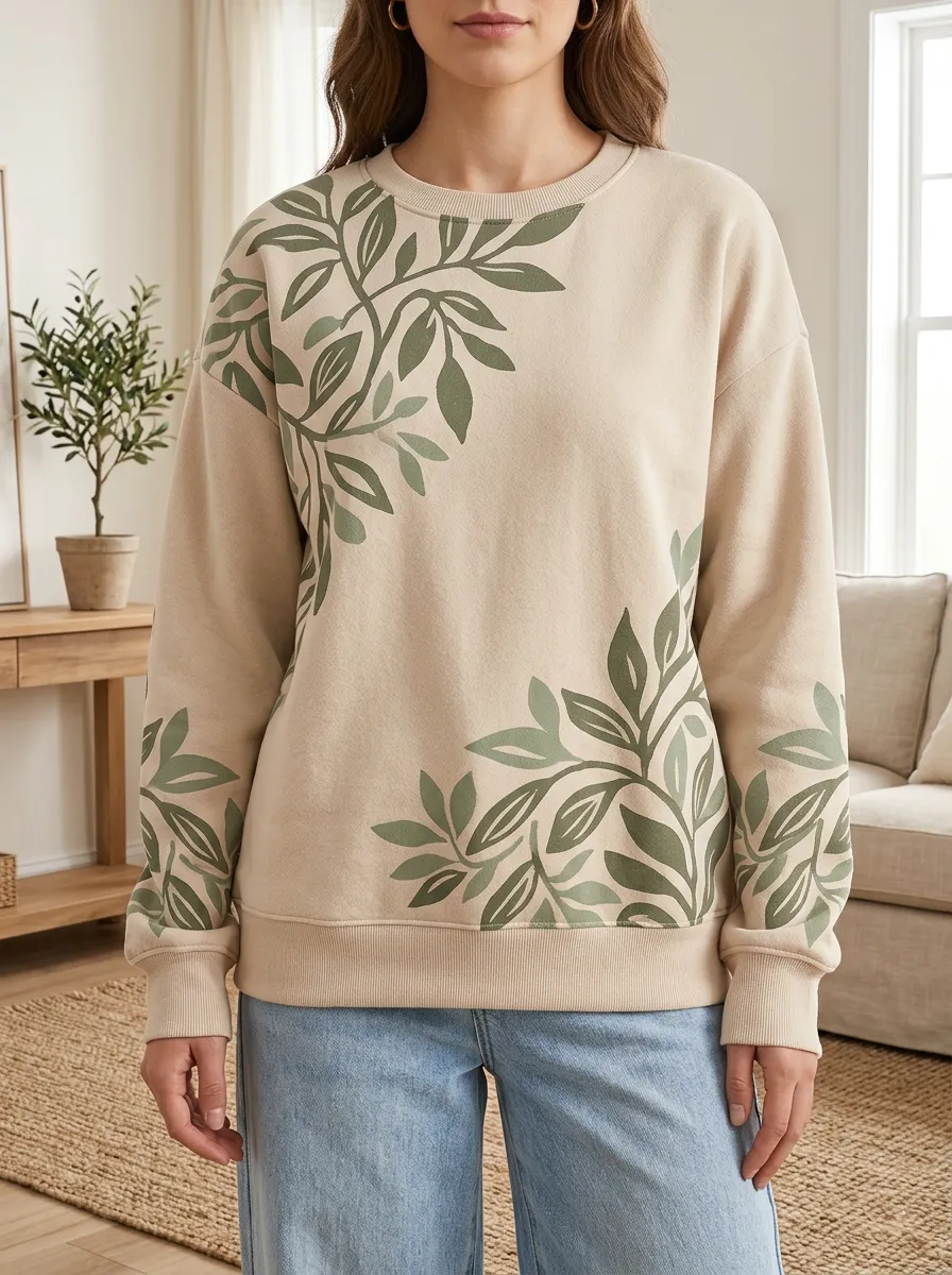 Women's Leaf Print Crewneck Sweatshirt Fleece Drop Shoulder