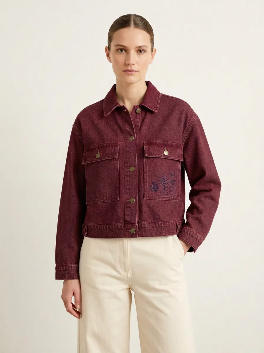 Women's Botanical Line Art Printed Denim Jacket