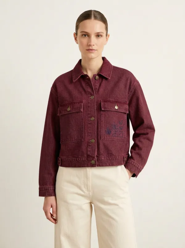 Women's Botanical Line Art Printed Denim Jacket