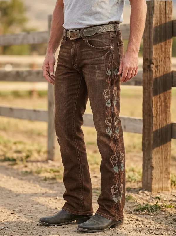 Men's Western Cowboy Cactus Embroidered Jeans