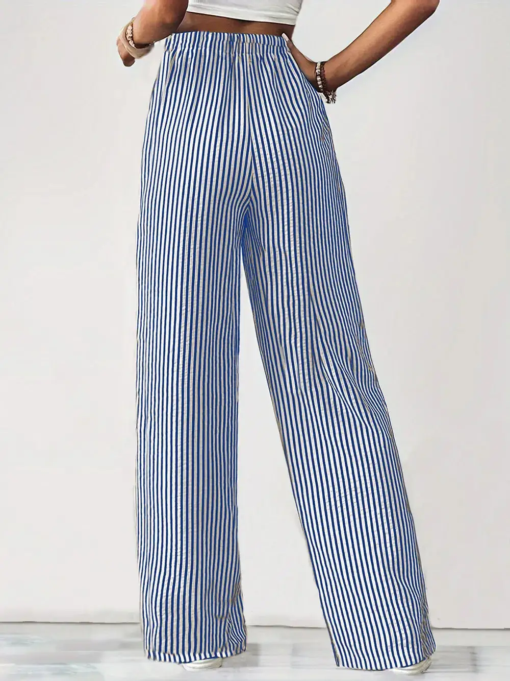 Drawstring Elastic Waist Striped Pocketed Pants