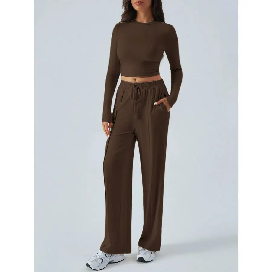 Easy Round Neck Long Sleeve Top and Pants Set