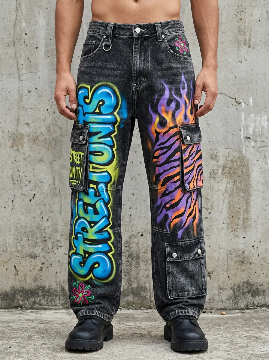 Men's Streetwear Graffiti Tiger Flame Graphic Cargo Jeans