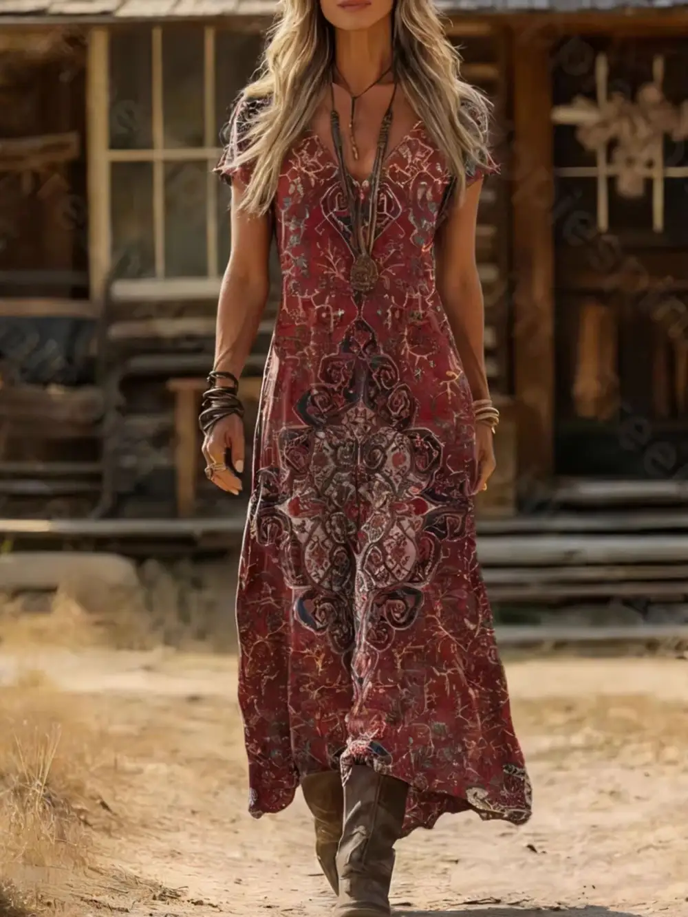 Printed V Neck Short Sleeve Midi Dress