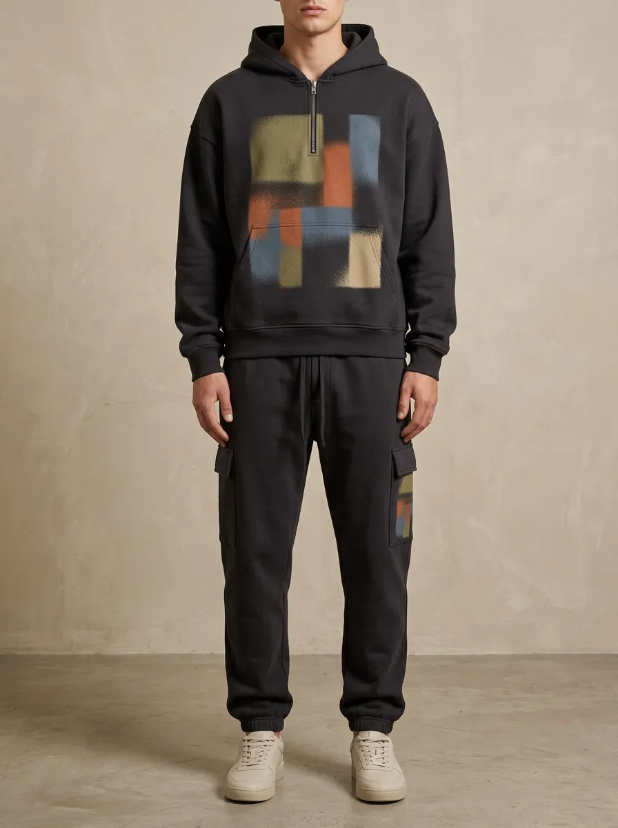Men's Abstract Block Spray Paint Printed Hoodie Jogger Set