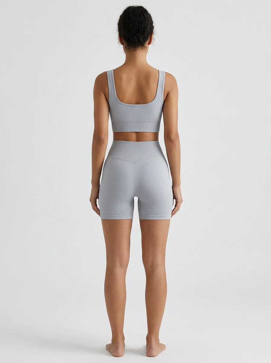 Athletic Ribbed Texture Seamless Design Sport Look Women's Tank Top And Sports Shorts Set
