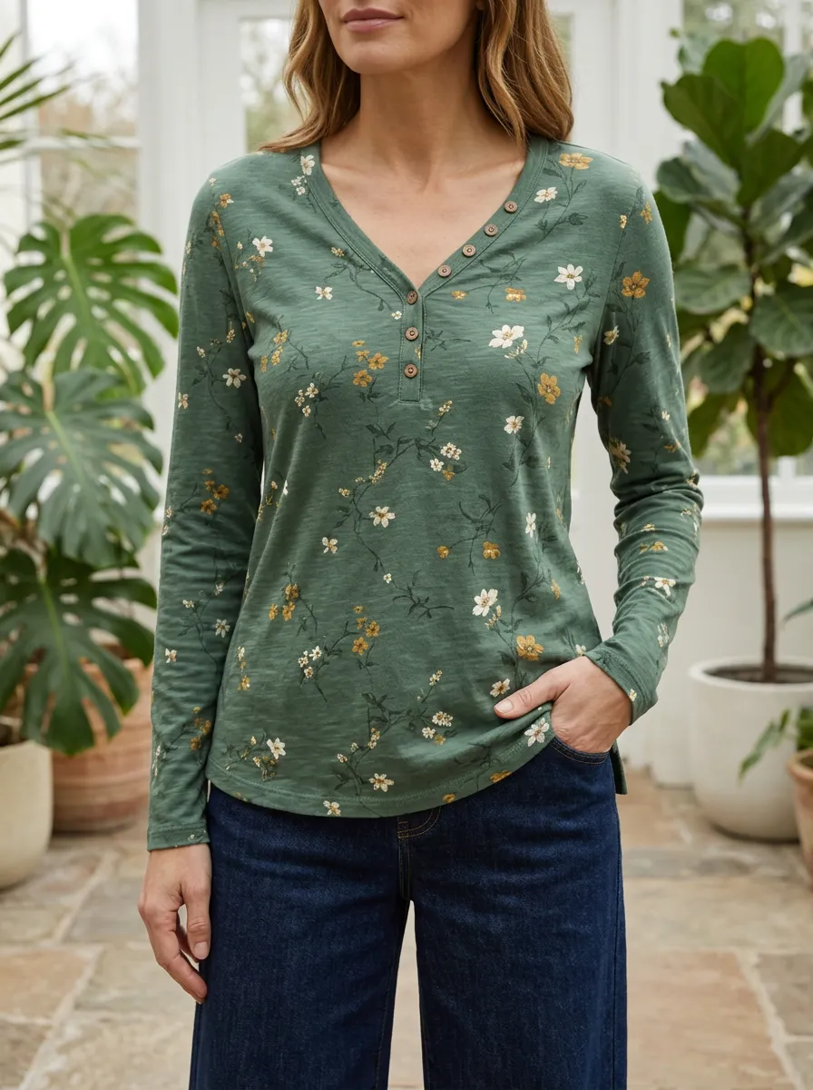 Women's Floral Nature Lover Green Botanical Printed Henley Shirt
