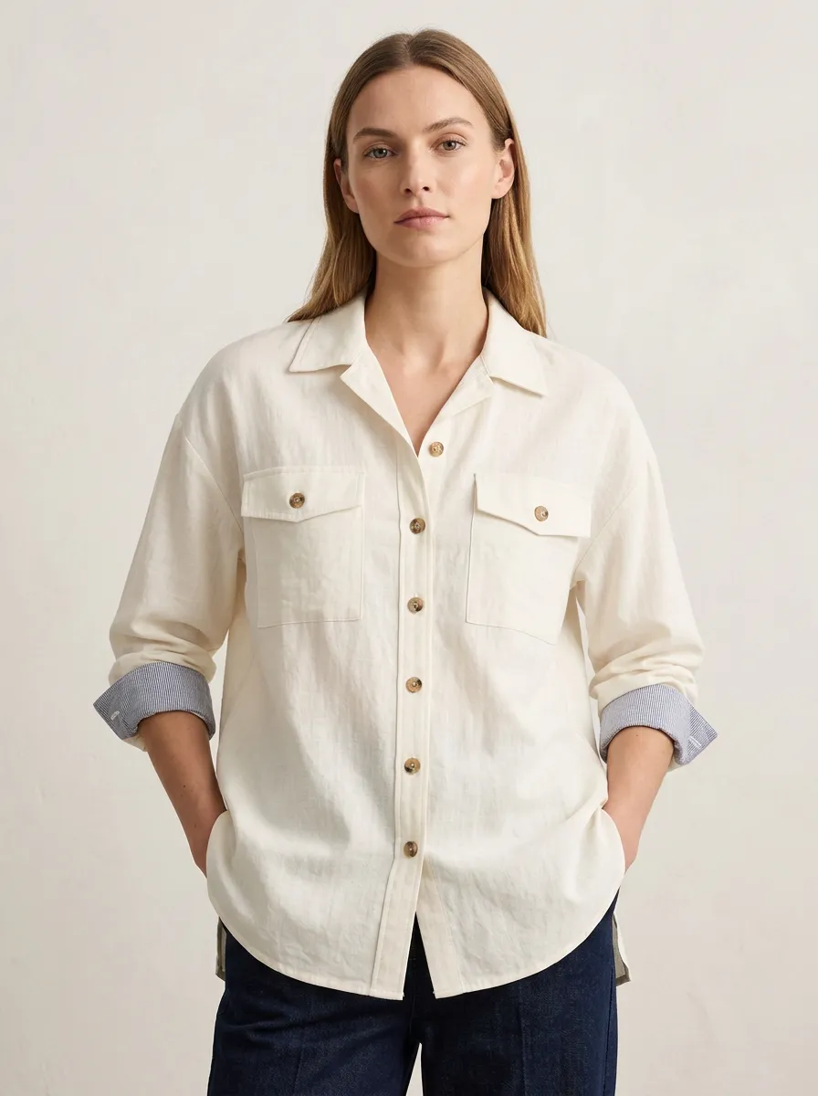 Women's Casual Minimalist Off-White Button-Down Utility Shirt