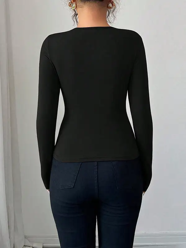Long Sleeve Slim Fit Panel Detail Asymmetric Collar T-Shirt