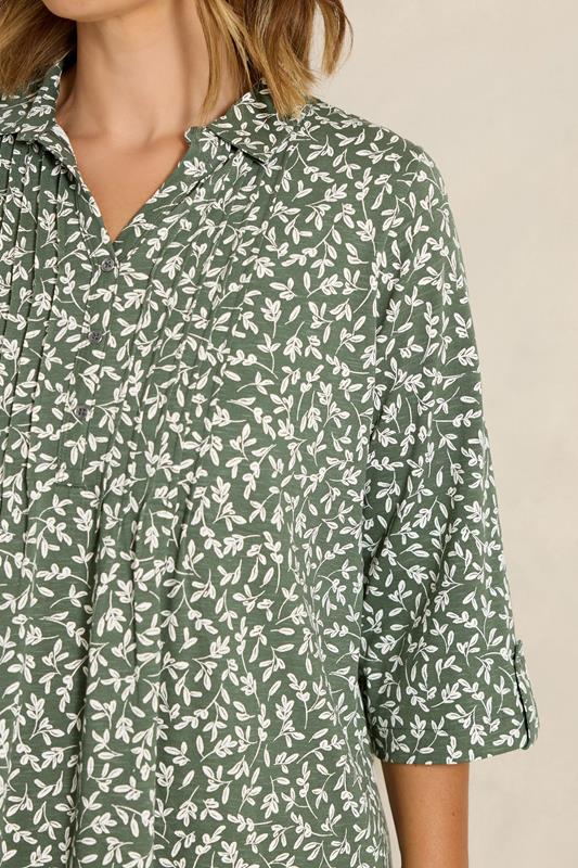 Khaki Green Floral Print Cotton Henley Top detail 3