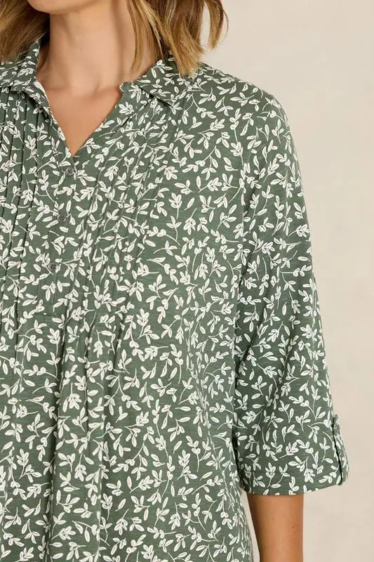 Khaki Green Floral Print Cotton Henley Top