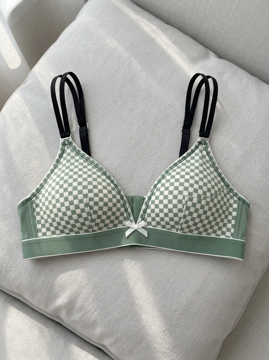 Women's Green Checkerboard Pattern Printed Bralette