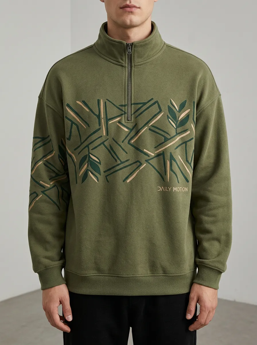 Half-Zip Geometric Leaf-Pattern Men's Half-Zip Sweatshirt