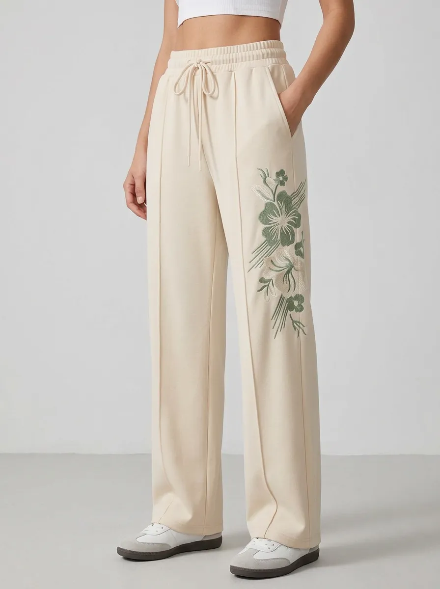 Women's Beige Pintuck Seam Wide-Leg Sweatpants
