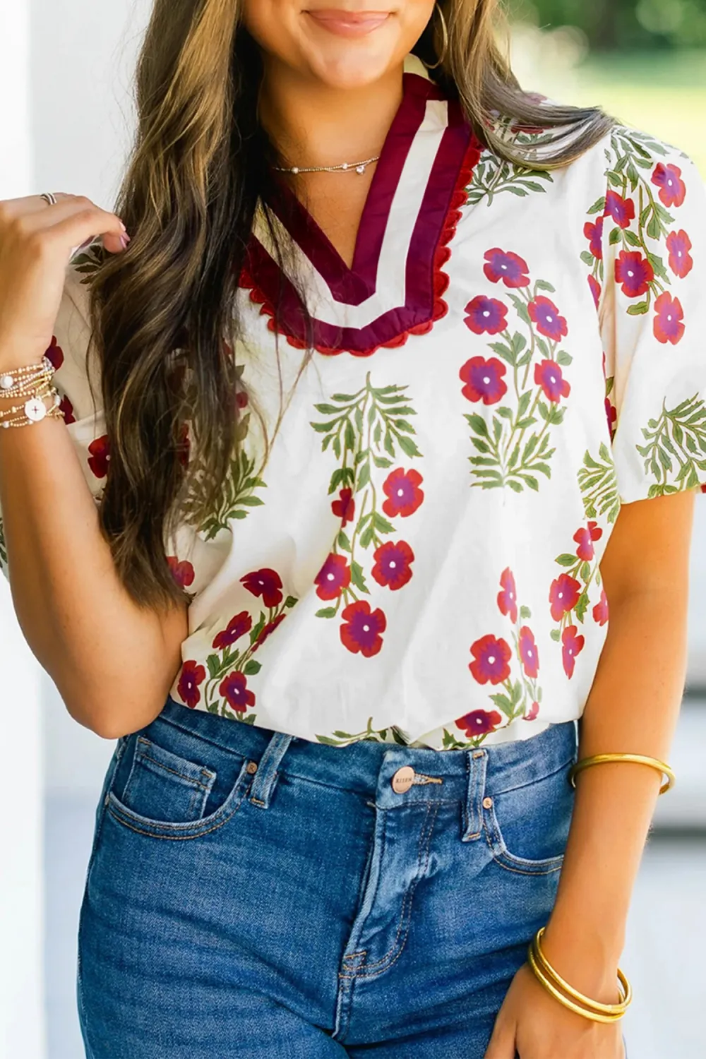White Floral Short Bubble Sleeve Blouse