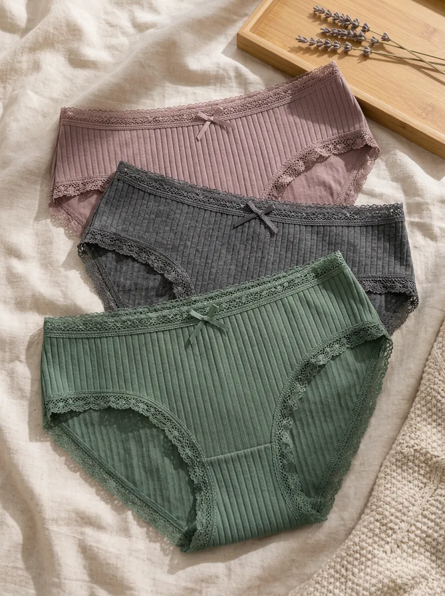 Women's Lace Trim Bow Detail Ribbed 3-Pack Underwear Set