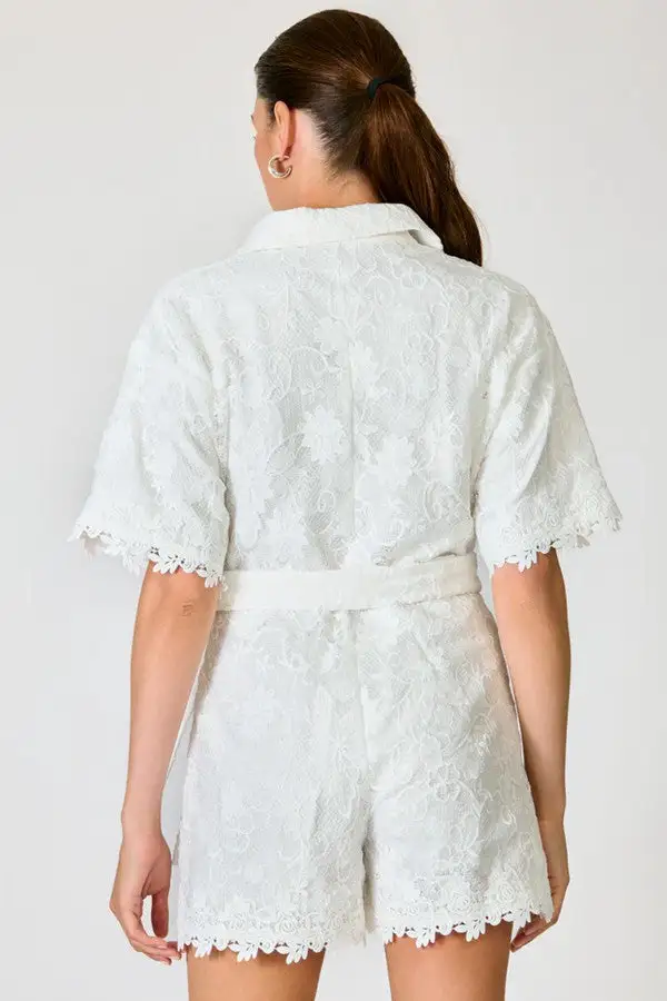 White Lace Trim Belted Romper