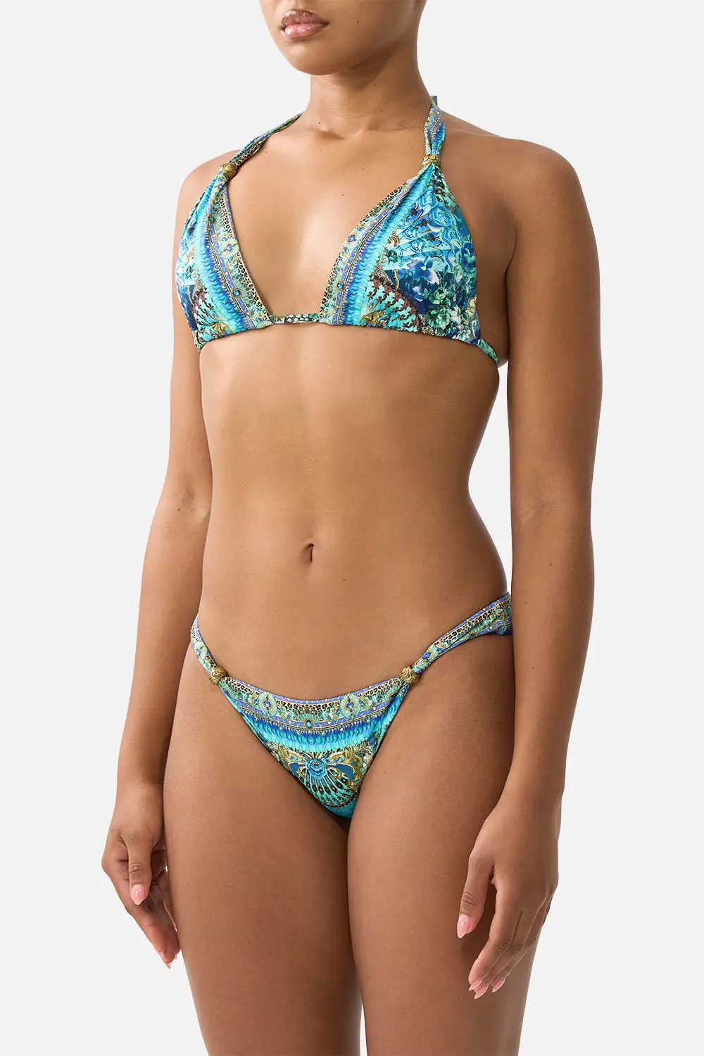 Ball Trim Tri Bikini Set with Thick Neck Tie