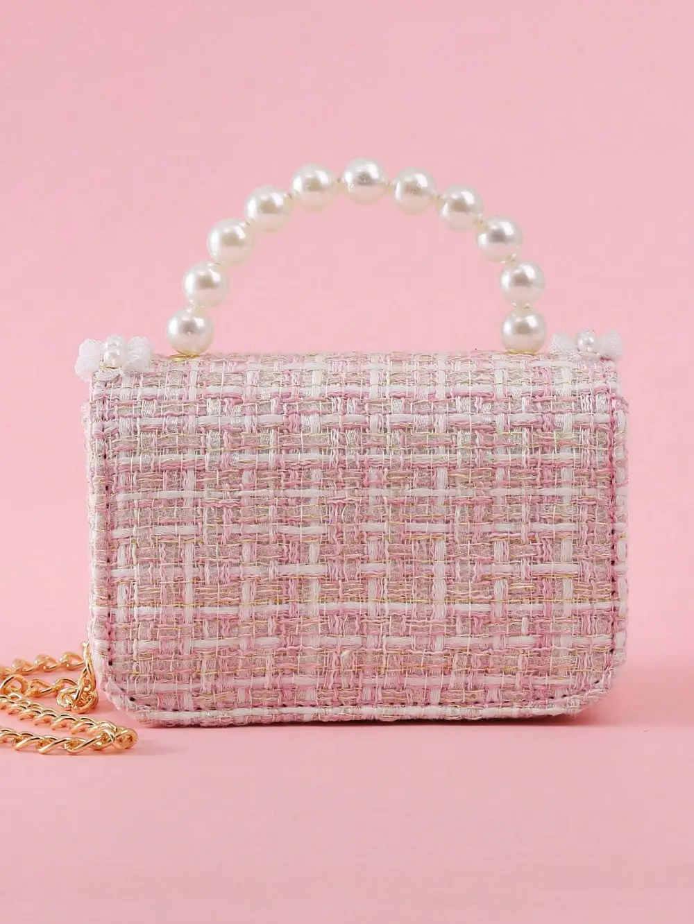 Cloth Shoulder Bag with Bowknot Pearl Beads Lace Edge