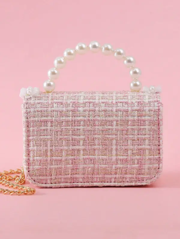 Cloth Shoulder Bag with Bowknot Pearl Beads Lace Edge