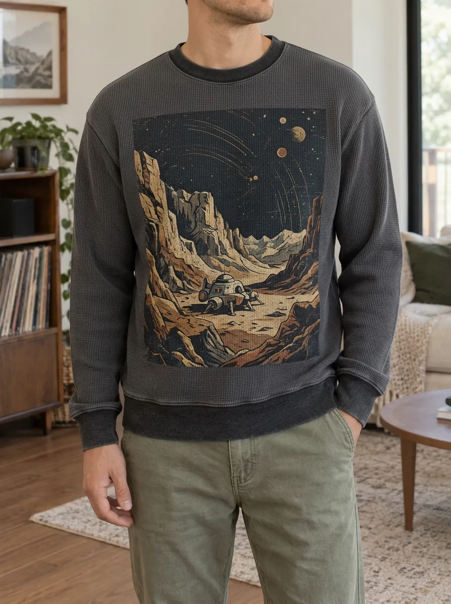 Men's Space Explorer Moon Landing Printed Waffle Knit Sweatshirt