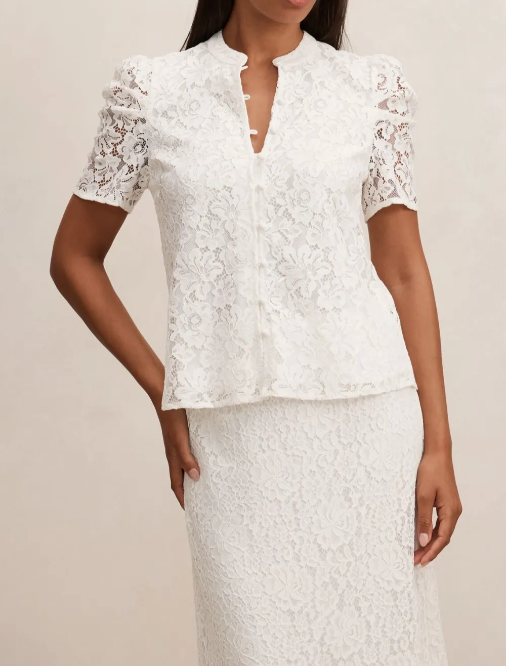 White Lace Short Sleeve Button-Down Blouse
