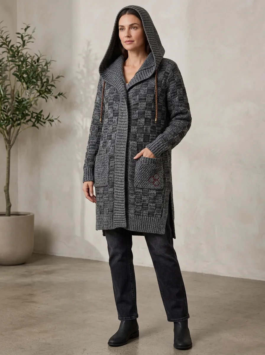 Women's Checkerboard-Knit Open-Front Patch-Pocket Side-Slit Hooded Cardigan