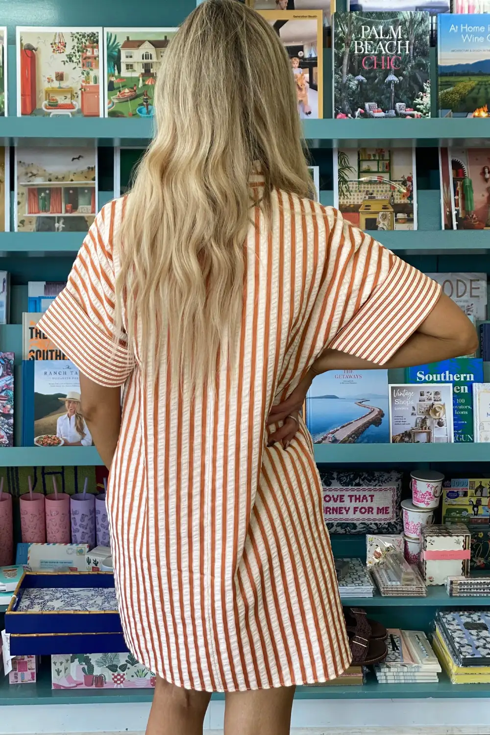 Stripe Pinched V Neck Turn-up Cuffs Shift Mini Dress