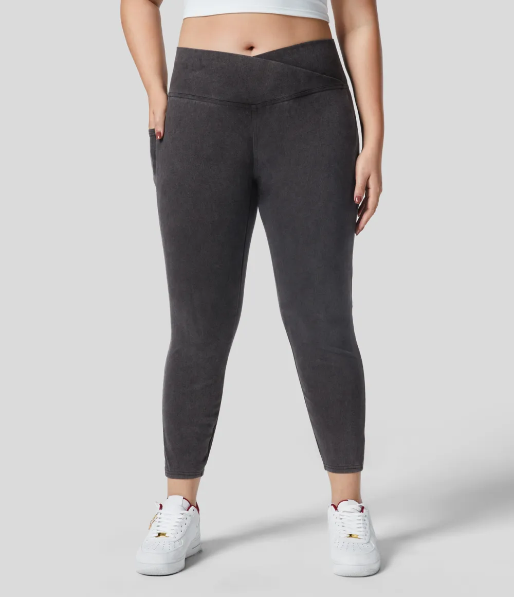 Magic Crossover Side Pocket Washed Stretchy Knit Denim Work Plus Size Leggings