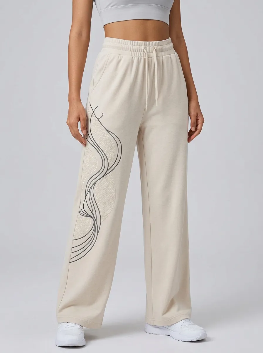 Women's Beige Drawstring Waist Wide-Leg Sweatpants