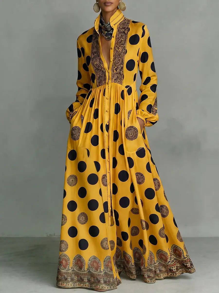 Pleated Polka Dot Buttoned Long Maxi Dress
