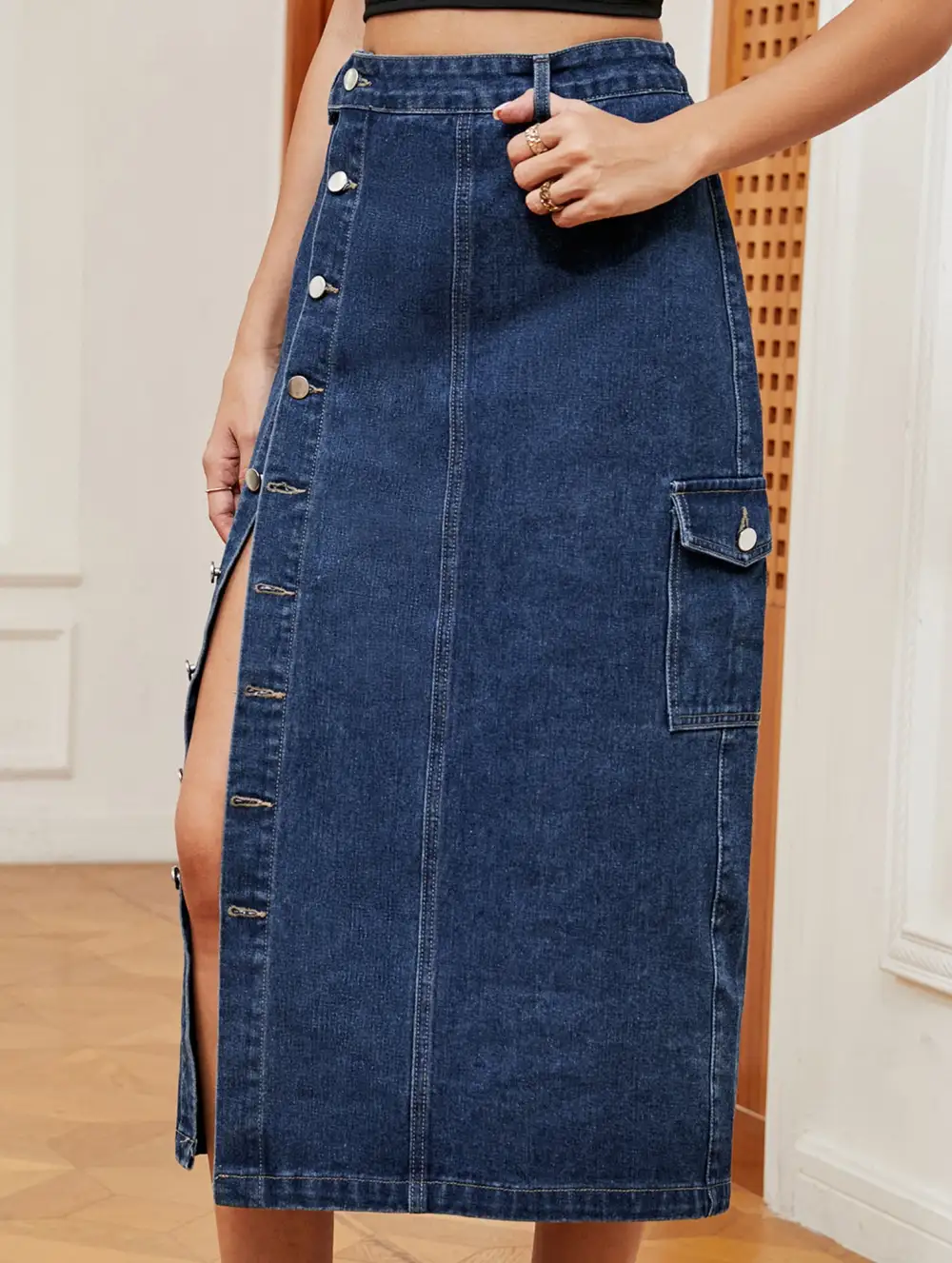 Denim Elastic Waist Midi Skirt