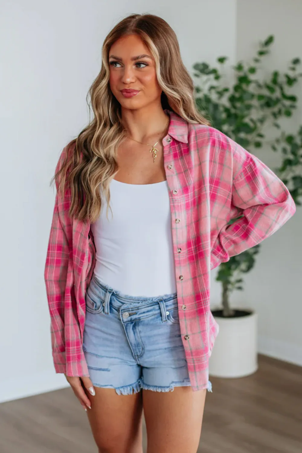 Sachet Pink Plaid Print Rounded Shirt