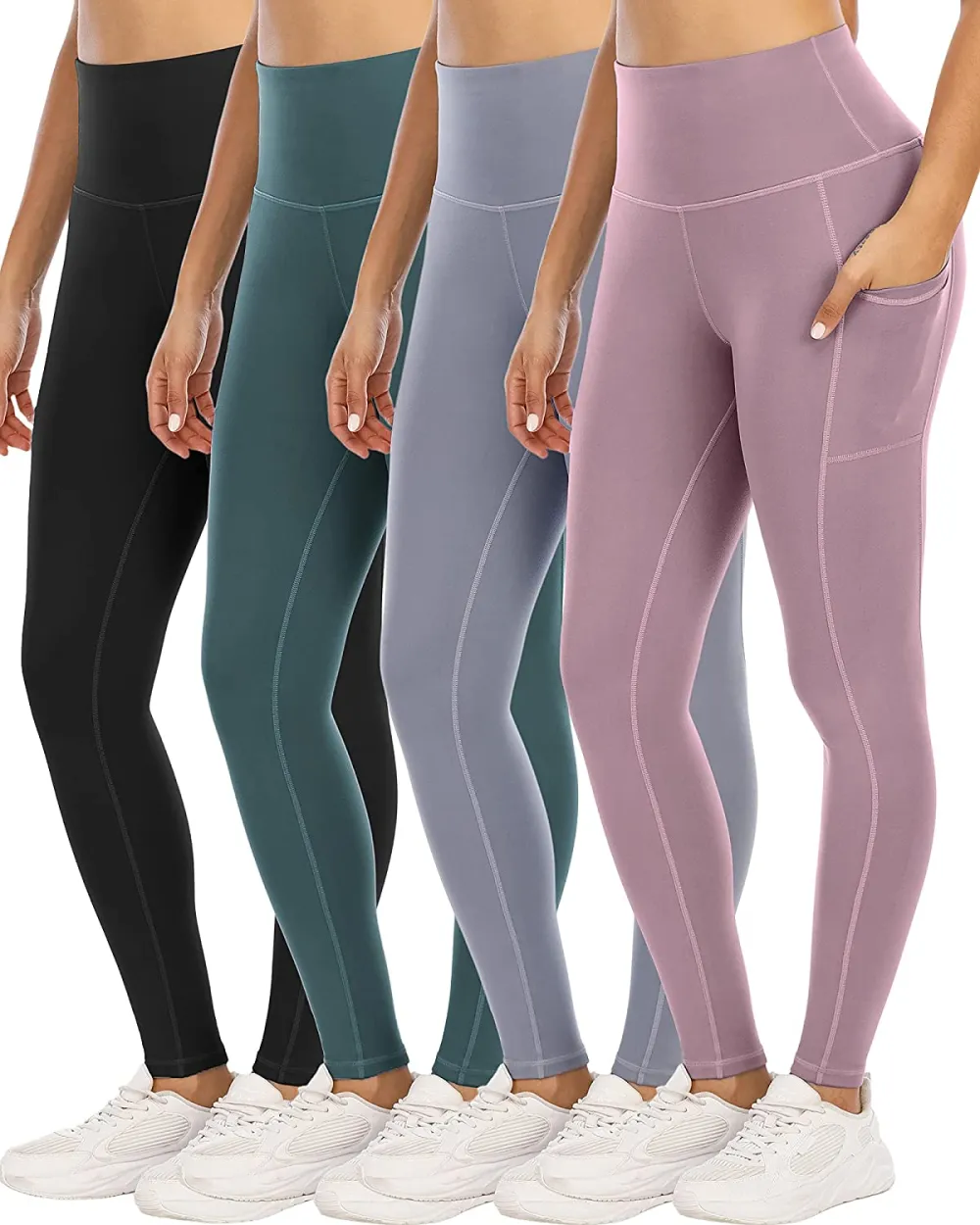 YOUNGCHARM 4 Pack Leggings with Pockets for Women,High Waist Tummy Control Workout Yoga Pants