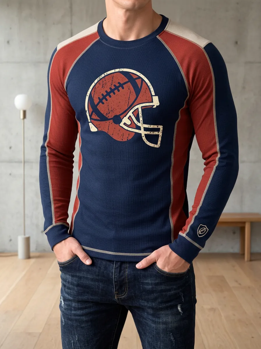 Men's American Football Lover Distressed Helmet Printed Long Sleeve Top