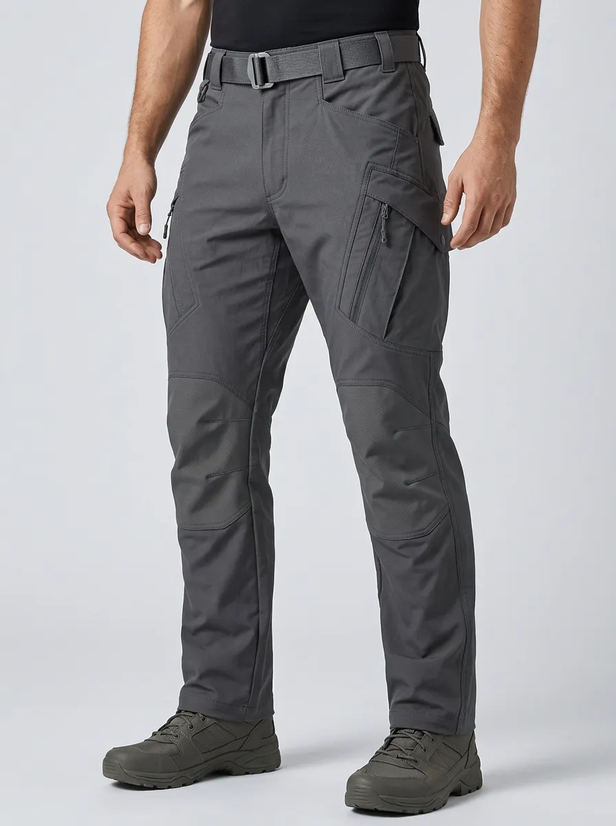 Men's Tactical Integrated-Belt Webbing-Belt Cargo-Pocket Articulated-Knee Knee-Panel Straight-Leg Cargo Pants