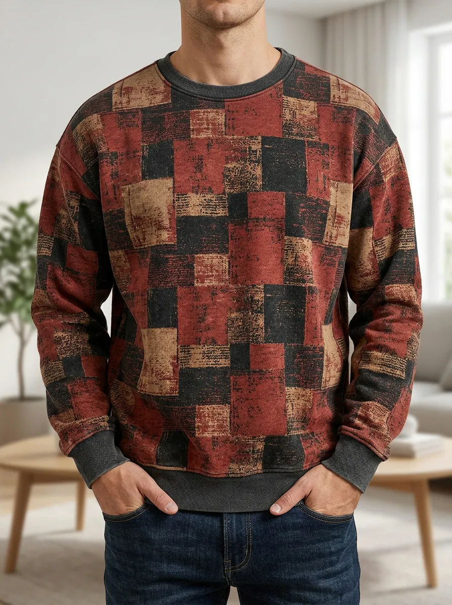Men's Rust and Patchwork Crewneck Sweatshirt Hiking