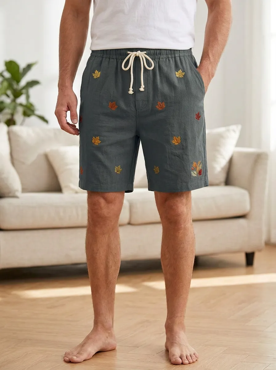 Olive Embroidered Leaf Drawstring Embroidered Shorts